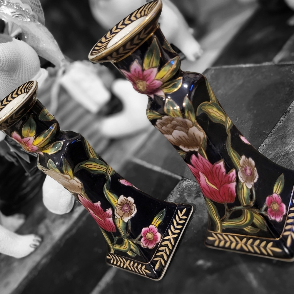 Pair of Vintage Chinoiserie Style Handpainted Ceramic Taper Candlestick Holders